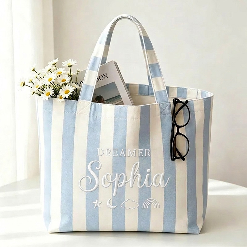 Personalized Dreamer Themed Pastel Stripe Design Canvas Tote Bag With