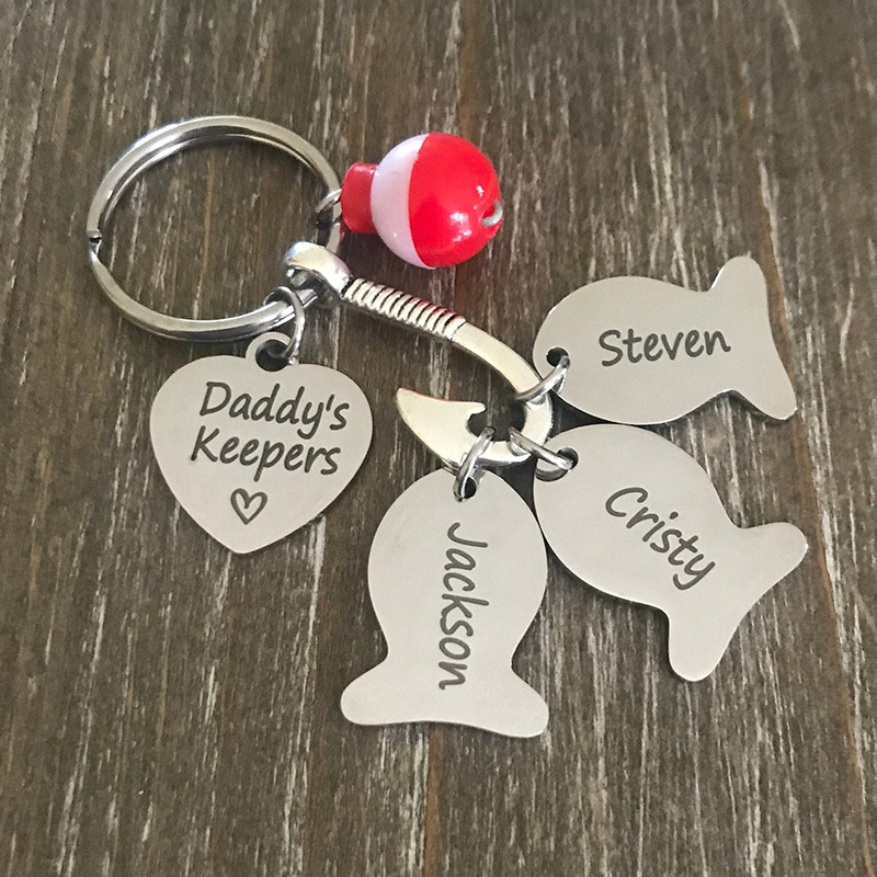 Personalized Fishing Keychain with Kids Names for Dad Grandpa Custom Engraved Fish Hook Fishing Lover Gifts for Him