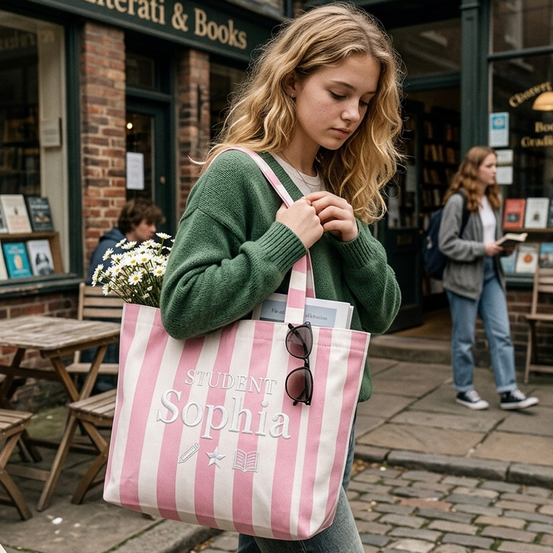 Personalized Embroidery Student Themed Pink Stripe Design Canvas Tote Bag With Name Motifs