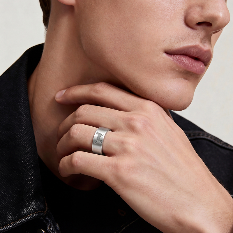 Personalized Wide Band Dog Silhouette Ring with Engraved Name Unique Jewelry for Dog Lovers in Sterling Silver