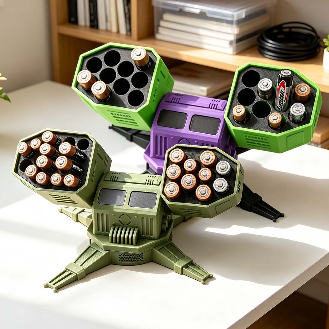 Battlefield Mech Launcher Battery Holder 3D Printed Rotatable Desk Organizer Unique Gift for Gamers & Tech Lovers