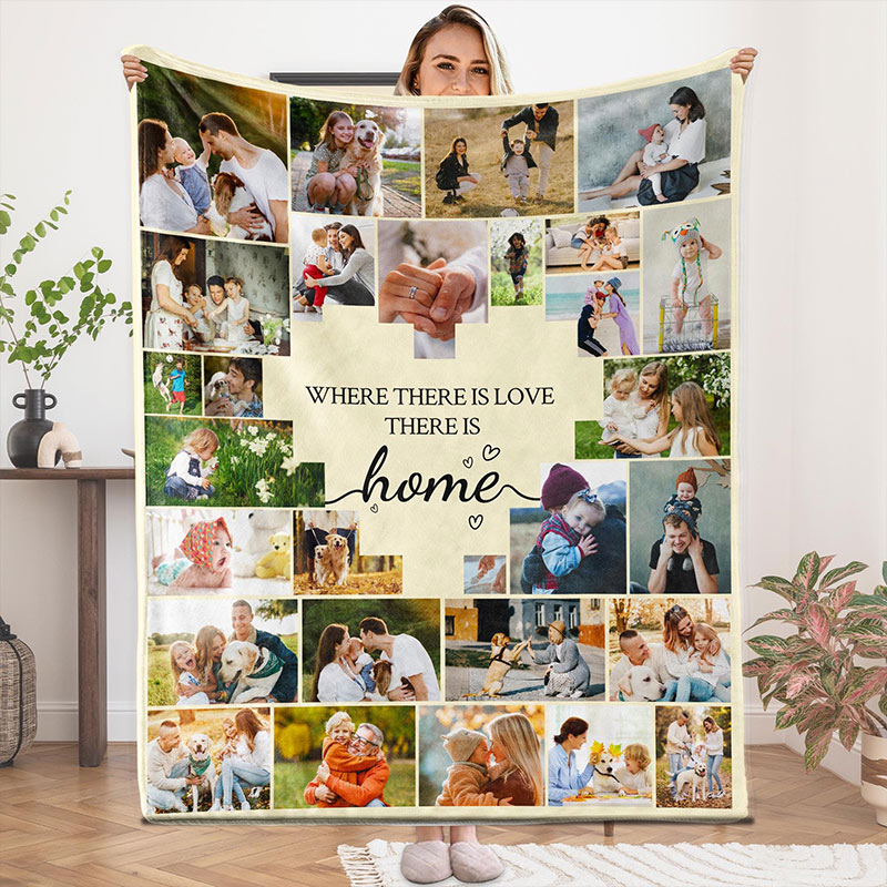 Personalized Photo Collage Flannel Blanket Custom Family Keepsake Beige Heart More than 20 Pictures