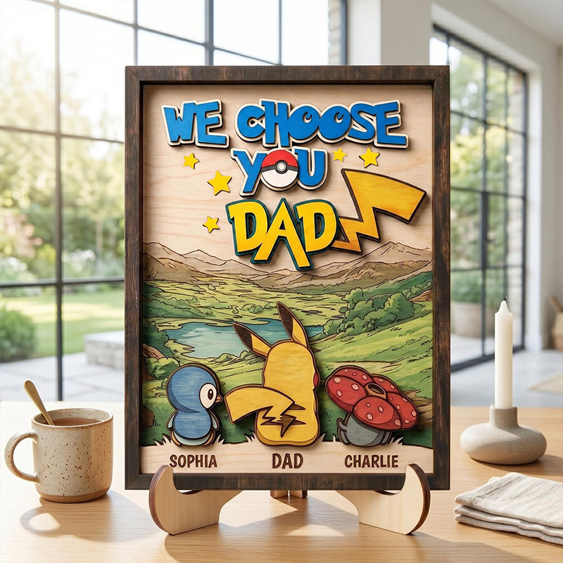 Personalized We Choose You Dad Wooden Sign PokeDad Birthday Gift Custom Cartoon Monster Family Name Plaque Wood Desk Decor