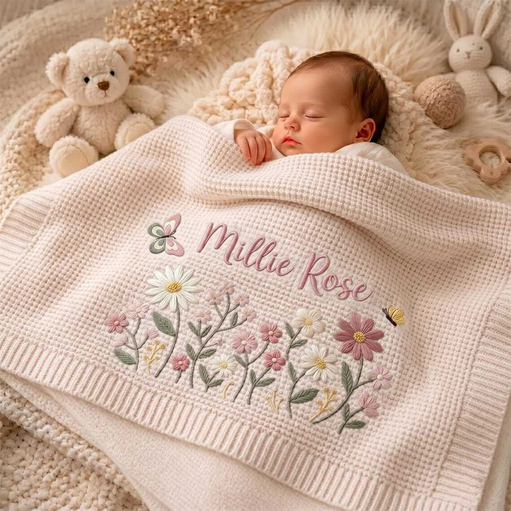 Personalized Floral Embroidered Baby Blanket Custom Name Knitted Throw Welcome Baby Blanket Nursery Keepsake