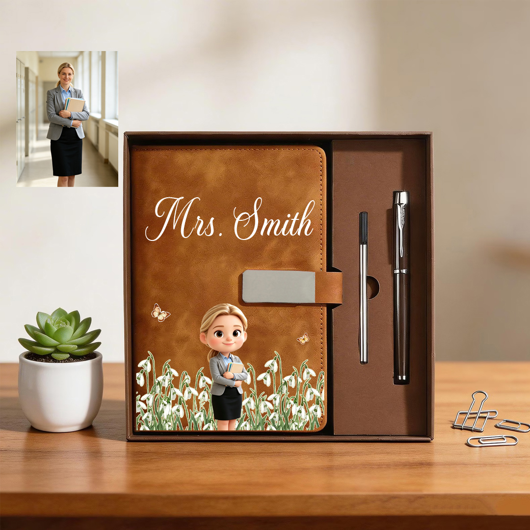Personalized Birth Flower Cartoon Character PU Leather A5 Notebook Set with Surname Back to School Teacher's Day Appreciation Gift for Teachers