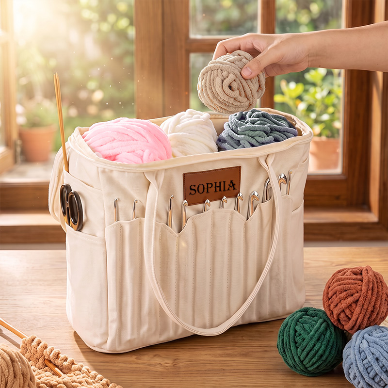 Personalized Monogram Large Canvas Yarn Storage Bag with Needle Pockets and Handle Crochet Knitting Accessories Birthday Gift for Craft Lovers