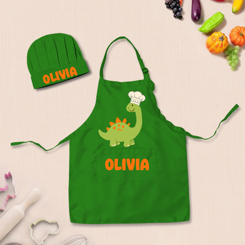 Personalized Cartoon Dinosaur Adjustable Kid Apron Chef Hat Set with Pocket and Name for Cooking Baking Birthday Holiday Gift for Kids
