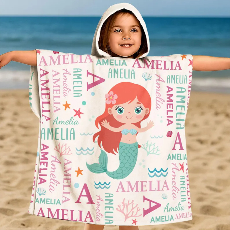 Personalized Cute And Beachy Custom Name Quick Dry Hooded Beach Towel with Name Beach Pool Essentials Birthday Gift for Kids Summer Pool Party Gift Baby Vacation Swim Poncho