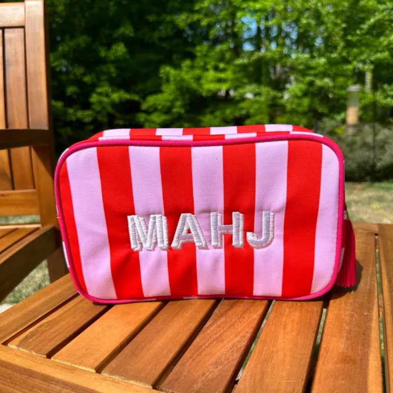 Personalized Mahjong Tile Striped Bag with Tassel Zipper Canvas Pouch Mahjong Lover Gift