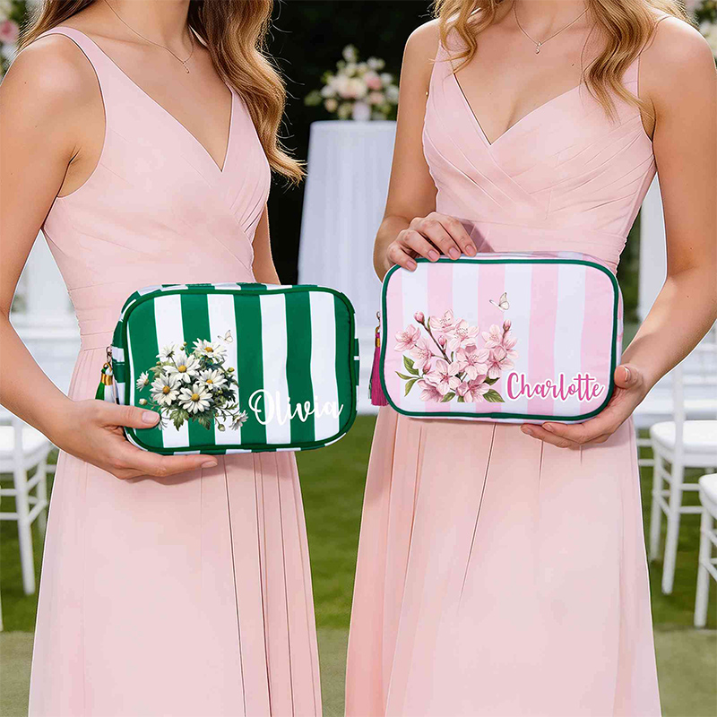 Personalized Name Birth Flower Striped Makeup Bag with Tassel Zipper, Canvas Toiletry Pouch, Birthday/Wedding Gift for Her/Mom/Bridesmaids/Women