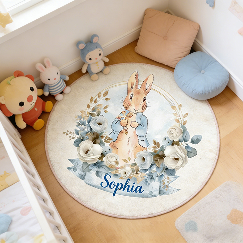 Personalize Cute Rabbit Cross Rug with Custom Name Room Decor Religious Rug Christian Gift Easter Gift for Kids