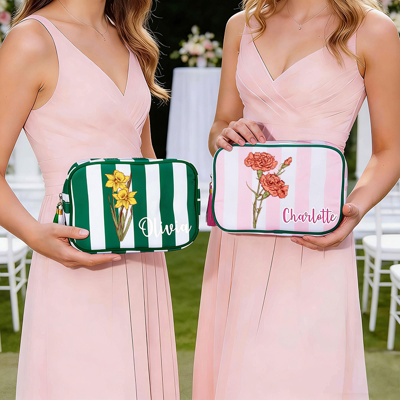 Personalized Birth Flower Striped Makeup Bag with Tassel Zipper, Canvas Toiletry Pouch, Birthday/Wedding Gift for Her Summer Beach Gift