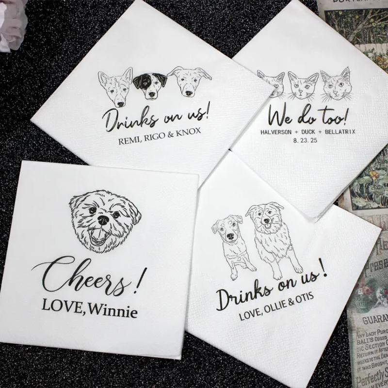 Personalized pet portrait personalized name cute dog and cat drawing party celebration Drinks On Us Cocktail Napkins
