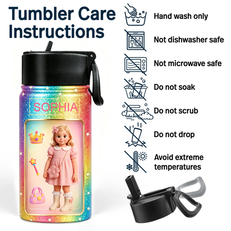 Personalized Glitter Rainbow Kids Water Bottle Custom Name Photo Thermos Cup Cute Princess Gift For Girls Design