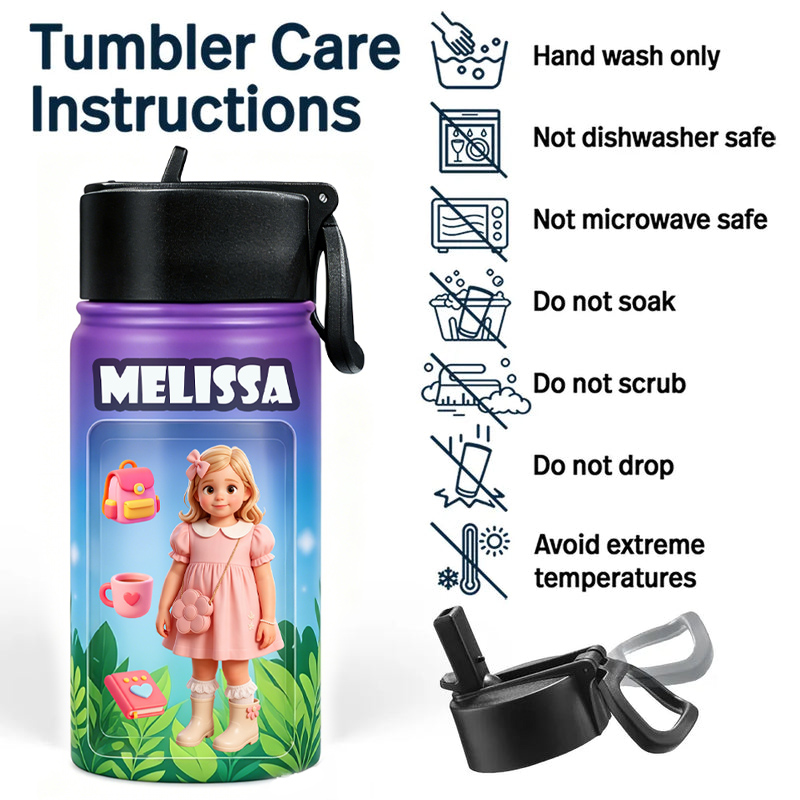 Personalized Purple Kids Water Bottle Custom Name Photo Thermos Cup Cute Floral Garden Theme Gift For Girls Design