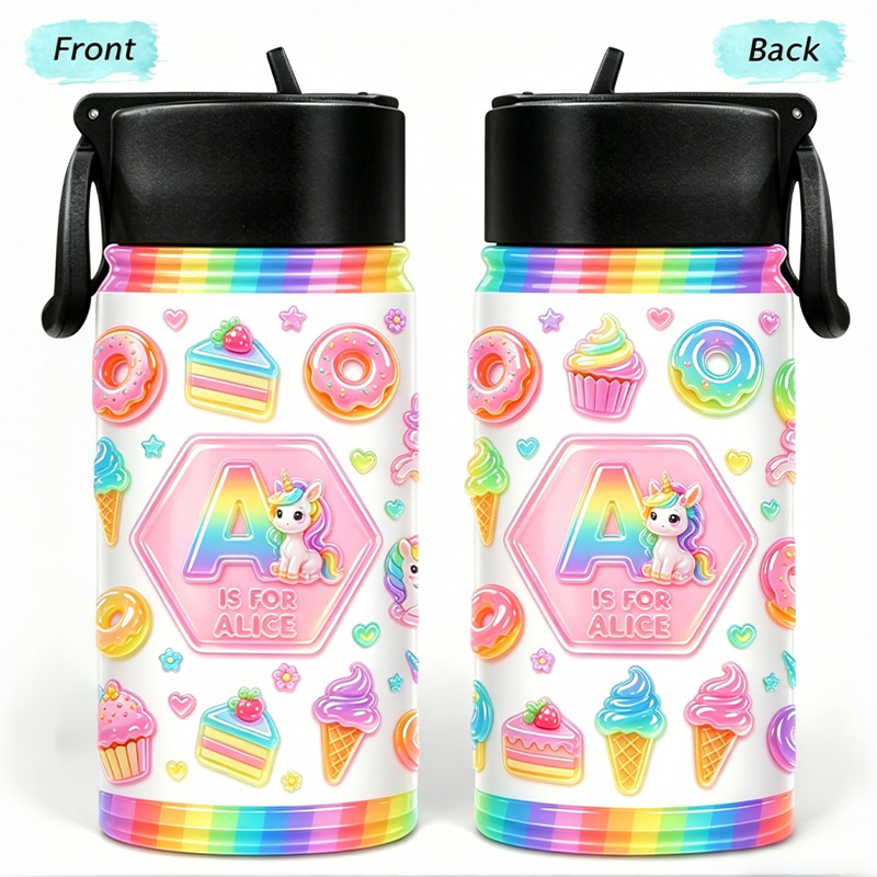 Personalized Initial Kids Water Bottle Pastel Dream Horse & Candy Rainbow Tumbler with Name Kids Gift