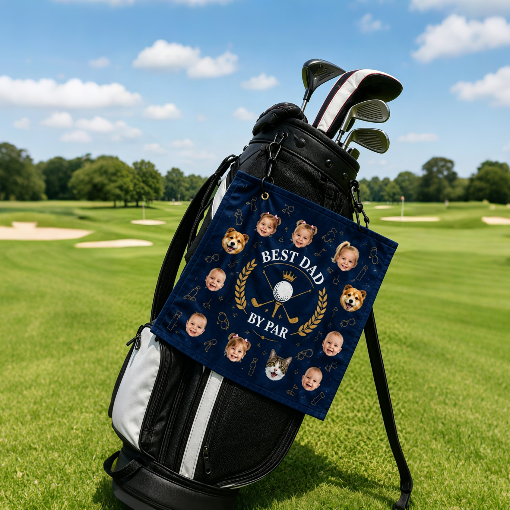Personalized Golf Towel Best Dad By Par Custom with Kids and Pets Heads Father's Day Gift