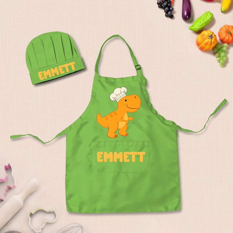 Personalized Cartoon Dinosaur Adjustable Kid Apron Chef Hat Set with Pocket and Name for Cooking Baking Birthday Holiday Gift for Kids