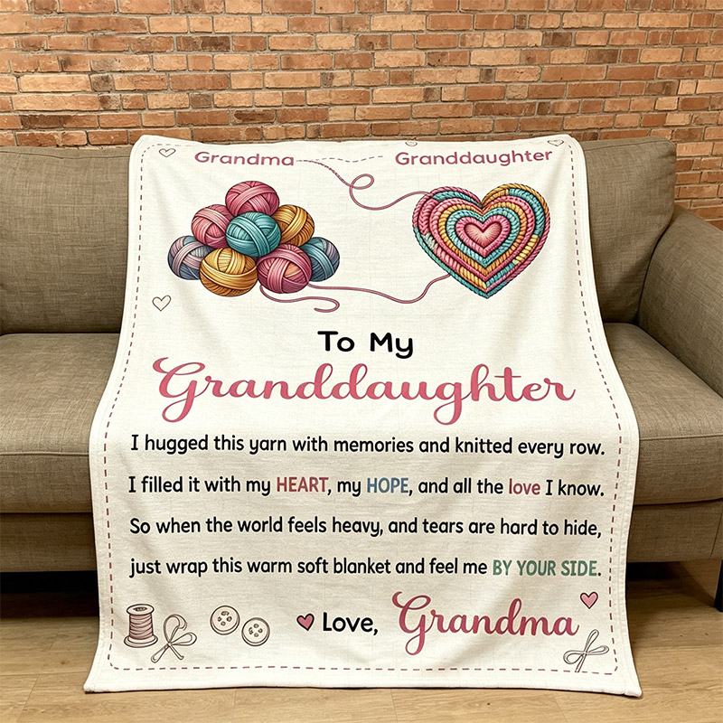 Personalized To My Granddaughter Knitting Themed Blanket Custom Gift with Yarn Heart and Sentimental Message