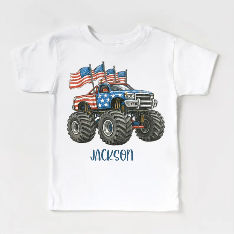 Personalized 4th Of July Monster Truck Kids T-Shirt All American Flag Tee
