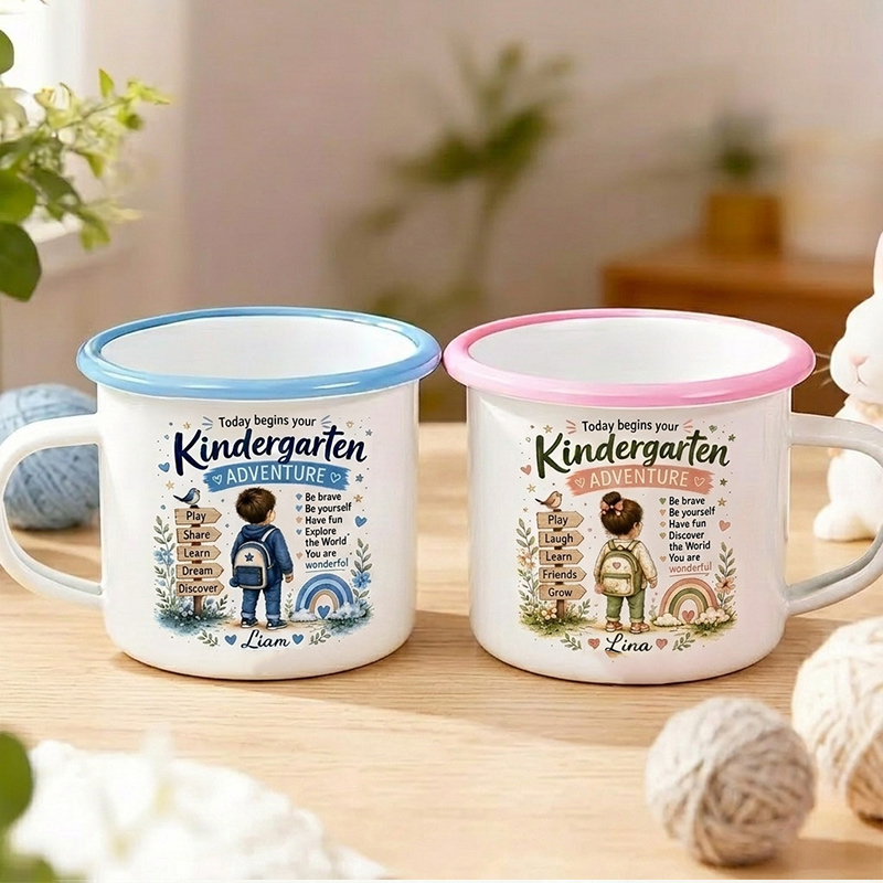 Personalized Kindergarten Enamel Mug Today Begins Your Kindergarten Adventure Custom Name First Day of School Cup Back To School Gift