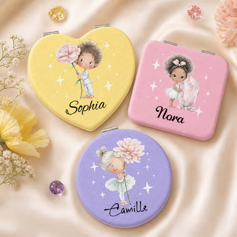Personalized Birthstone Birth Flower Cartoon Girl Compact Heart Round Square Makeup Mirror with Name Portable Birthday Wedding Party Gift for Women