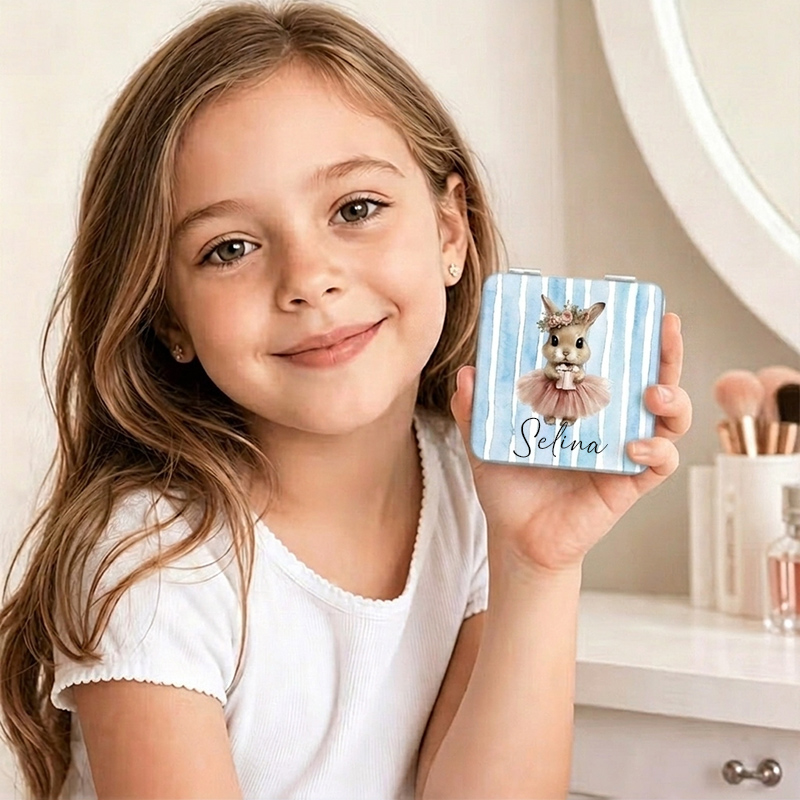 Personalized Bunny Ballerina Compact Mirror Custom Name Heart & Round Pocket Mirror for Girl Wedding Gifts
