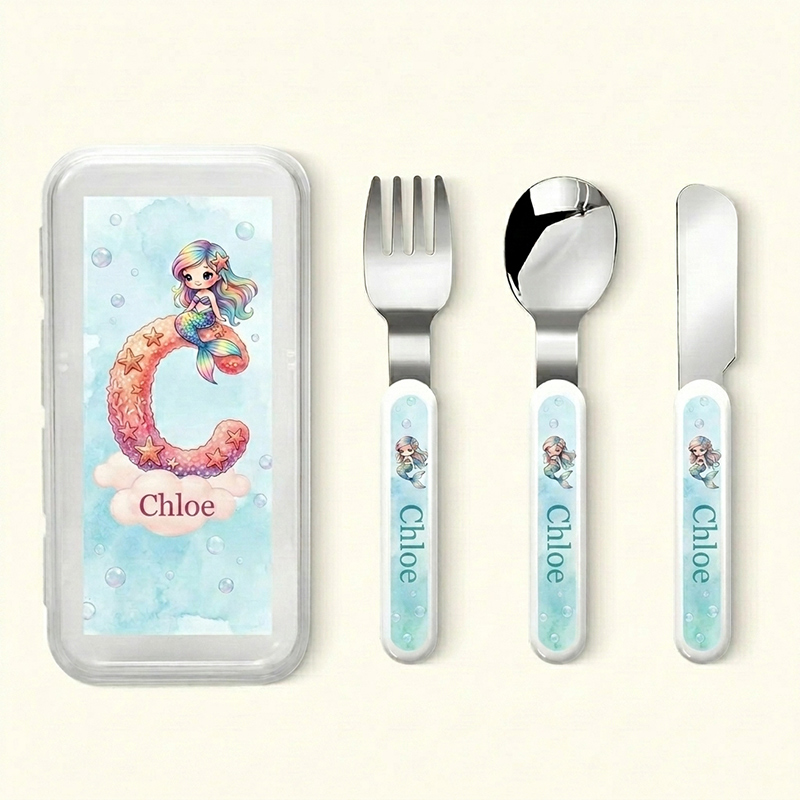 Personalized Mermaid Kids Cutlery Set with Case Fork Spoon Knife 3 Pcs Cutlery Set