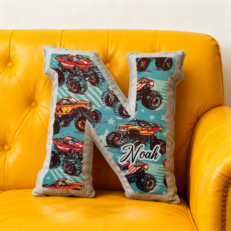 Personalized Monster Truck Initial Pillow with Custom Name Gift for Truck Enthusiasts