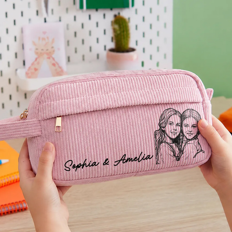 Custom Photo Kid Pet Family Besties Portrait Pencil Sketch - Personalized Corduroy Pencil Case