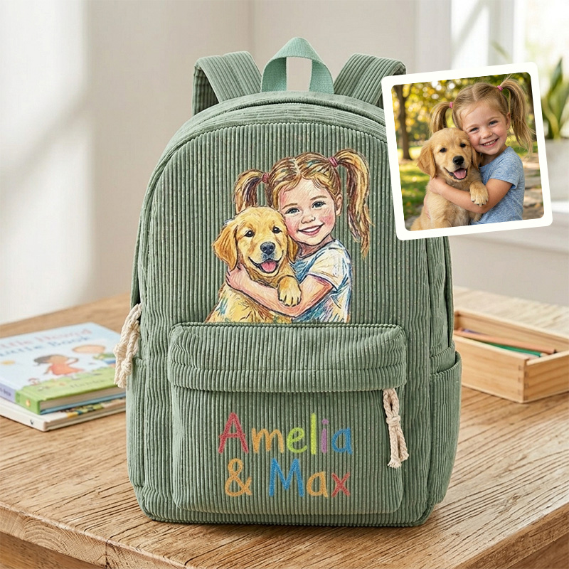Personalized Corduroy Backpack Custom Photo Family Besties Dog Cat Portrait Hand‑Drawn Portrait