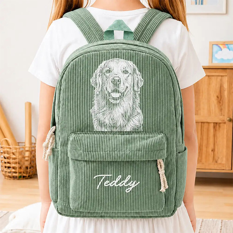 Personalized Corduroy Backpack Custom Photo Family Besties Dog Cat Portrait Pencil Sketch