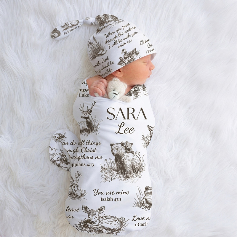 Personalized Christian Baby Swaddle & Hat Set Custom Name Scripture Wrap for Newborn