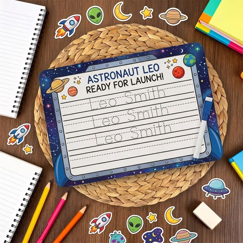 Personalized Construction Astronaut Race Car Handwriting Name Tracing Board with Dry-Erase Pen Home Learning Accessory Back to School Birthday Gift for Kids