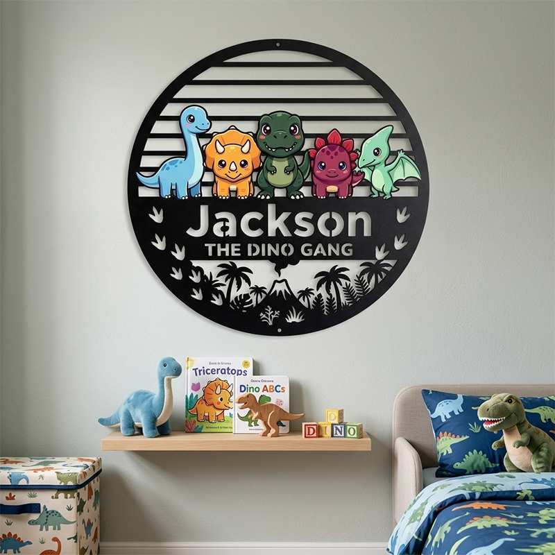 Personalized Dino Gang Metal Name Sign Custom Kids Dinosaur Room Wall Decor Bedroom Sign