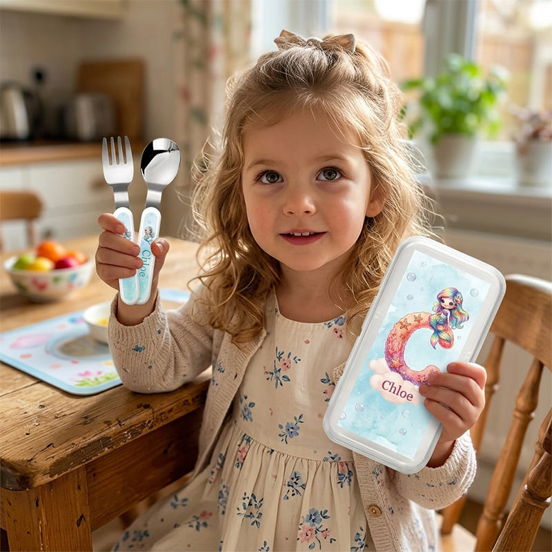 Personalized Mermaid Kids Cutlery Set with Case Fork Spoon Knife 3 Pcs Cutlery Set