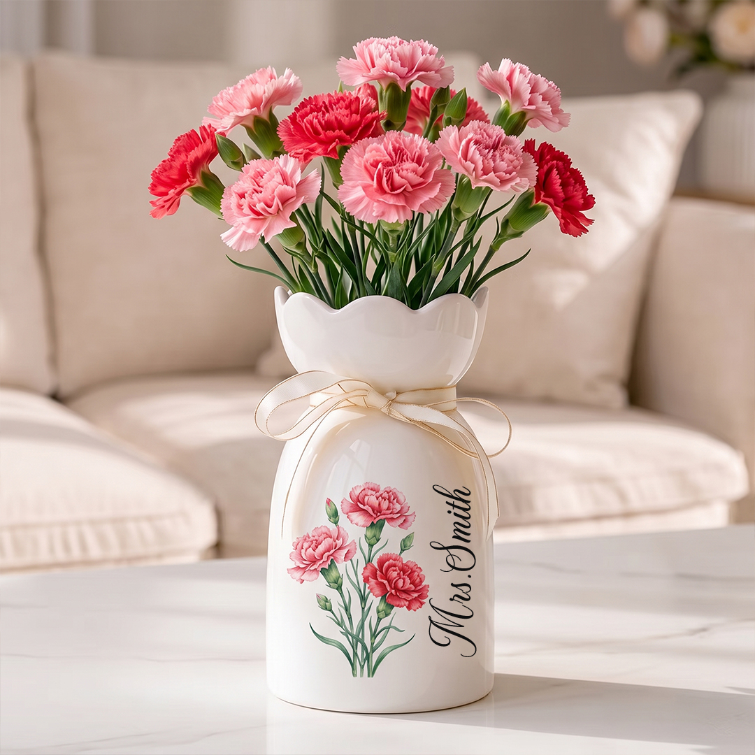 Personalized Watercolor Birth Flower Ceramic Vase with Name Back to Schol Gift for Teacher Gift for Her