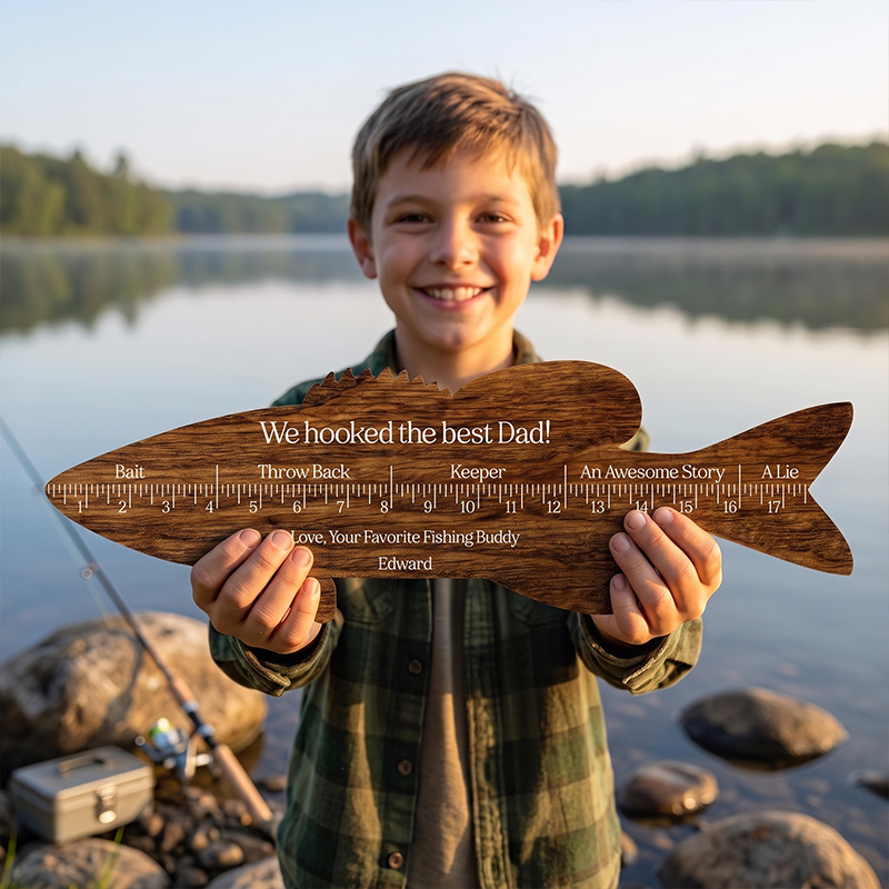 Personalized We Hooked the Best Dad Fish Ruler Wood Fish Ruler with Kids Name Eengraved Custom Birthday Gift for Dad Gift for Grandpa Dad Fishing Gift