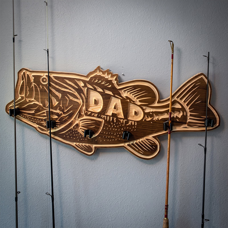 Personalized Bass Fishing Rod Holder for Dad Engraved Solid Wood Wall Mount Organizer with Name Birthday Gift for Dad Grandpa Fishing Lovers