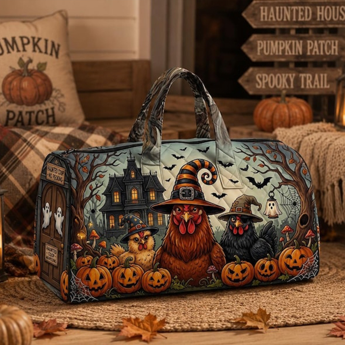 Quilted gingerbread Christmas weekend bag – a festive travel duffel tote for all your cozy holiday getaways.