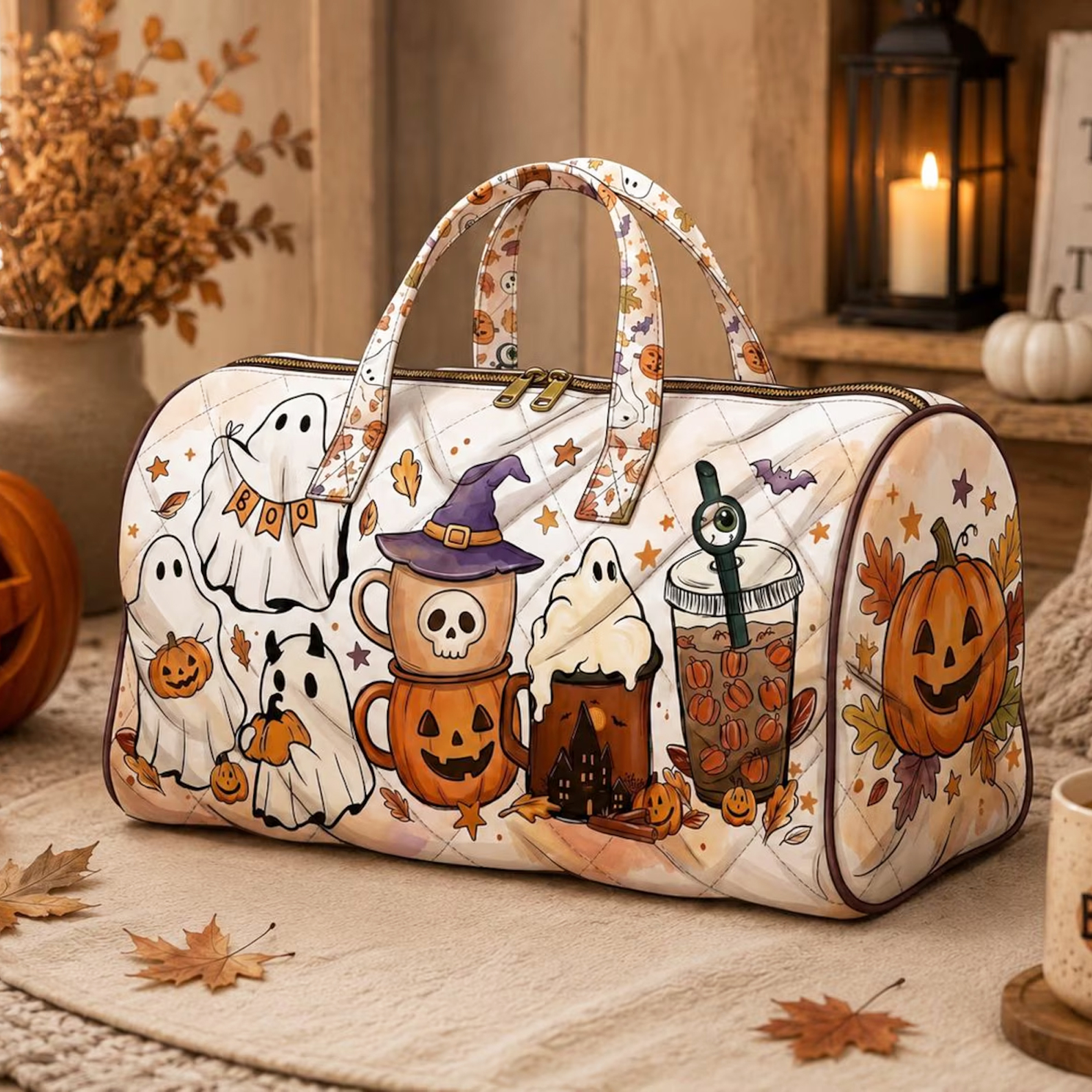 Quilted gingerbread Christmas weekend bag – a festive travel duffel tote for all your cozy holiday getaways.