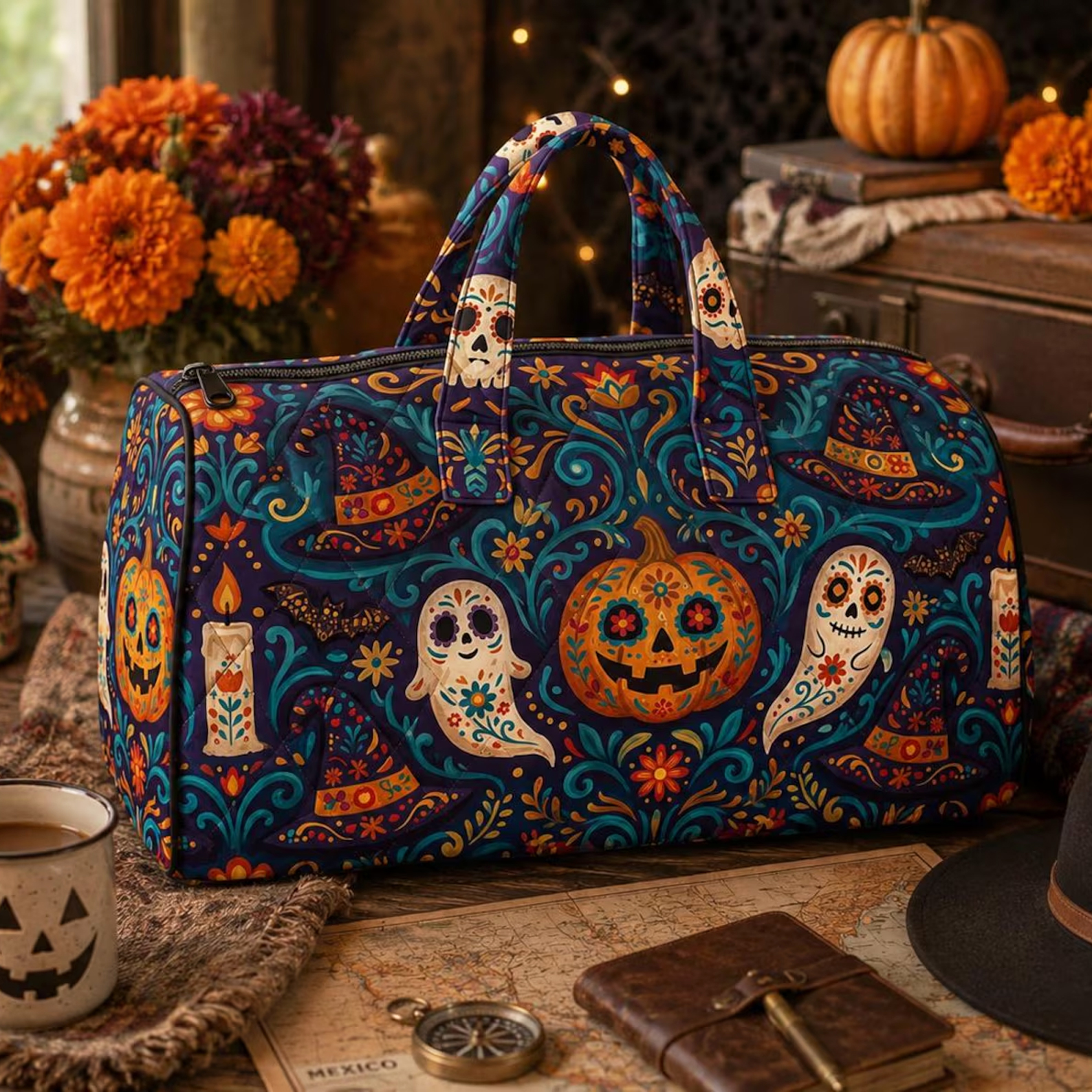 Quilted gingerbread Christmas weekend bag – a festive travel duffel tote for all your cozy holiday getaways.