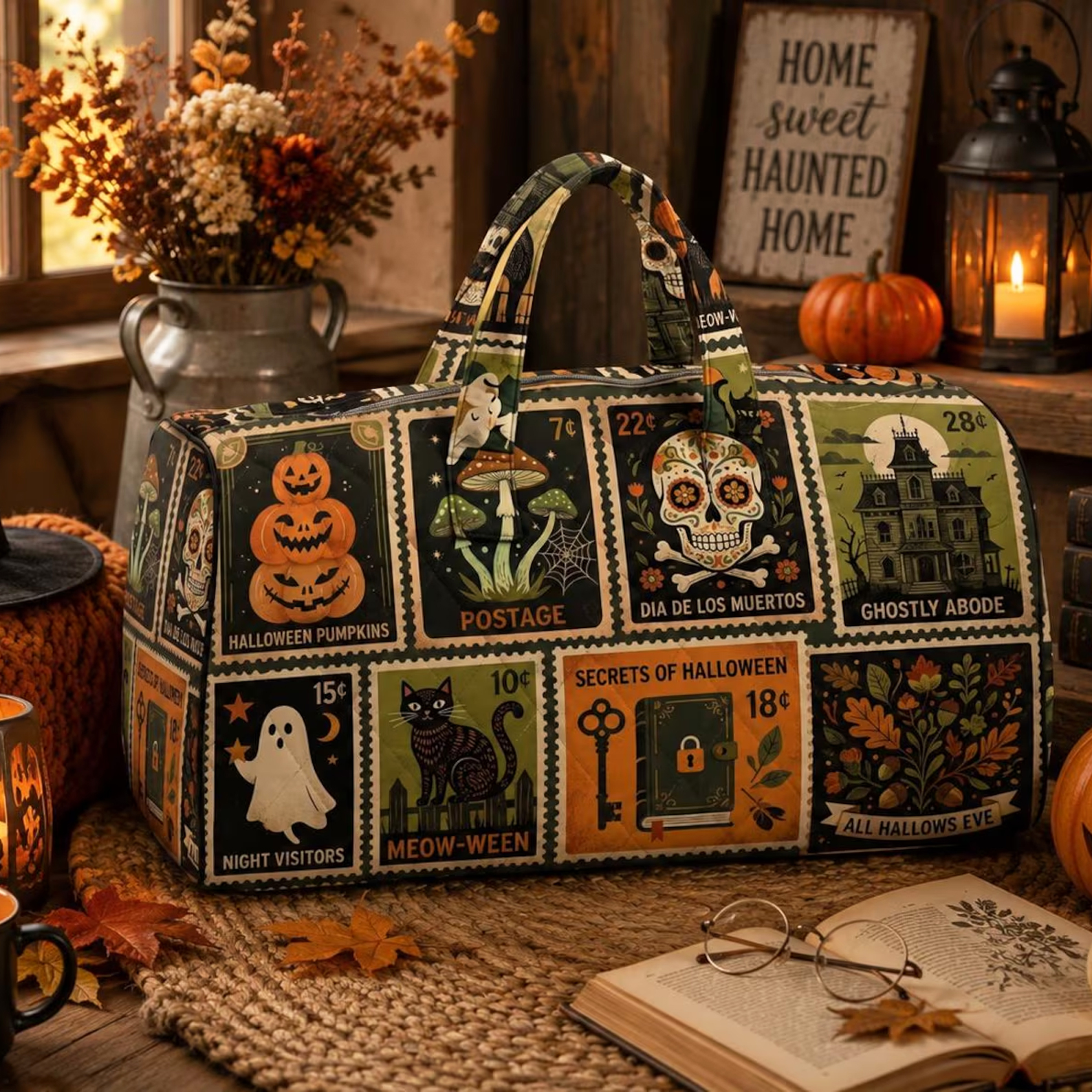 Vintage Halloween Stamp Quilted Duffel Bag Dark Academia Travel Tote