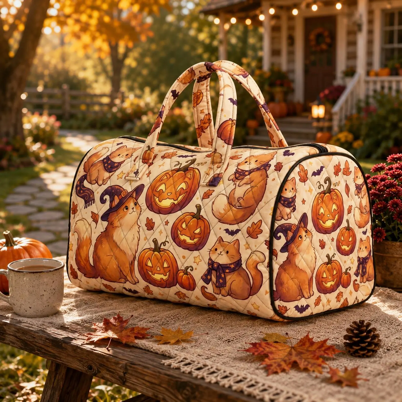 Quilted gingerbread Christmas weekend bag – a festive travel duffel tote for all your cozy holiday getaways.