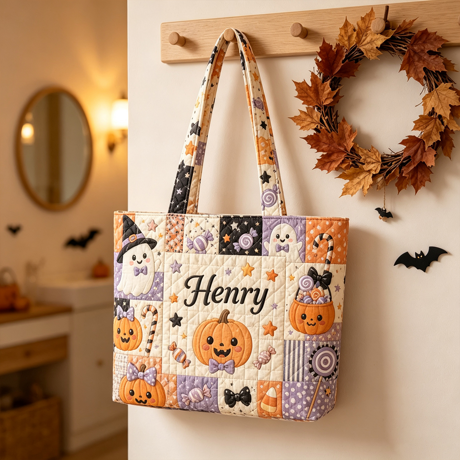 Personalized Name Trick or Treat Quilted Bag Spooky Moon Quilted Tote Cute Candy Shoulder Bag Halloween Gift