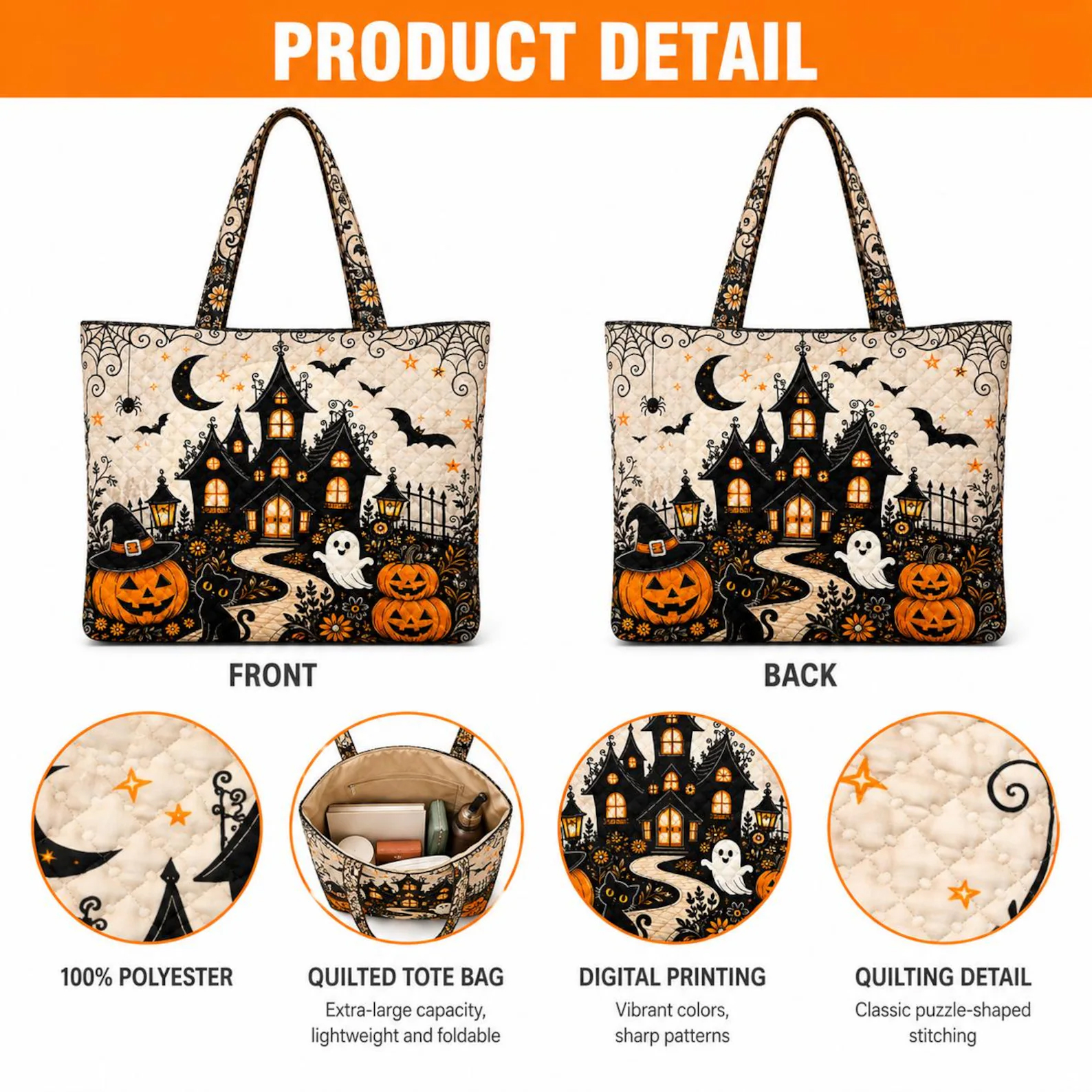 Halloween Tote Bag for Women Haunted House Quilted Tote Pumpkin Ghost Black Cat Bag Spooky Season Gift
