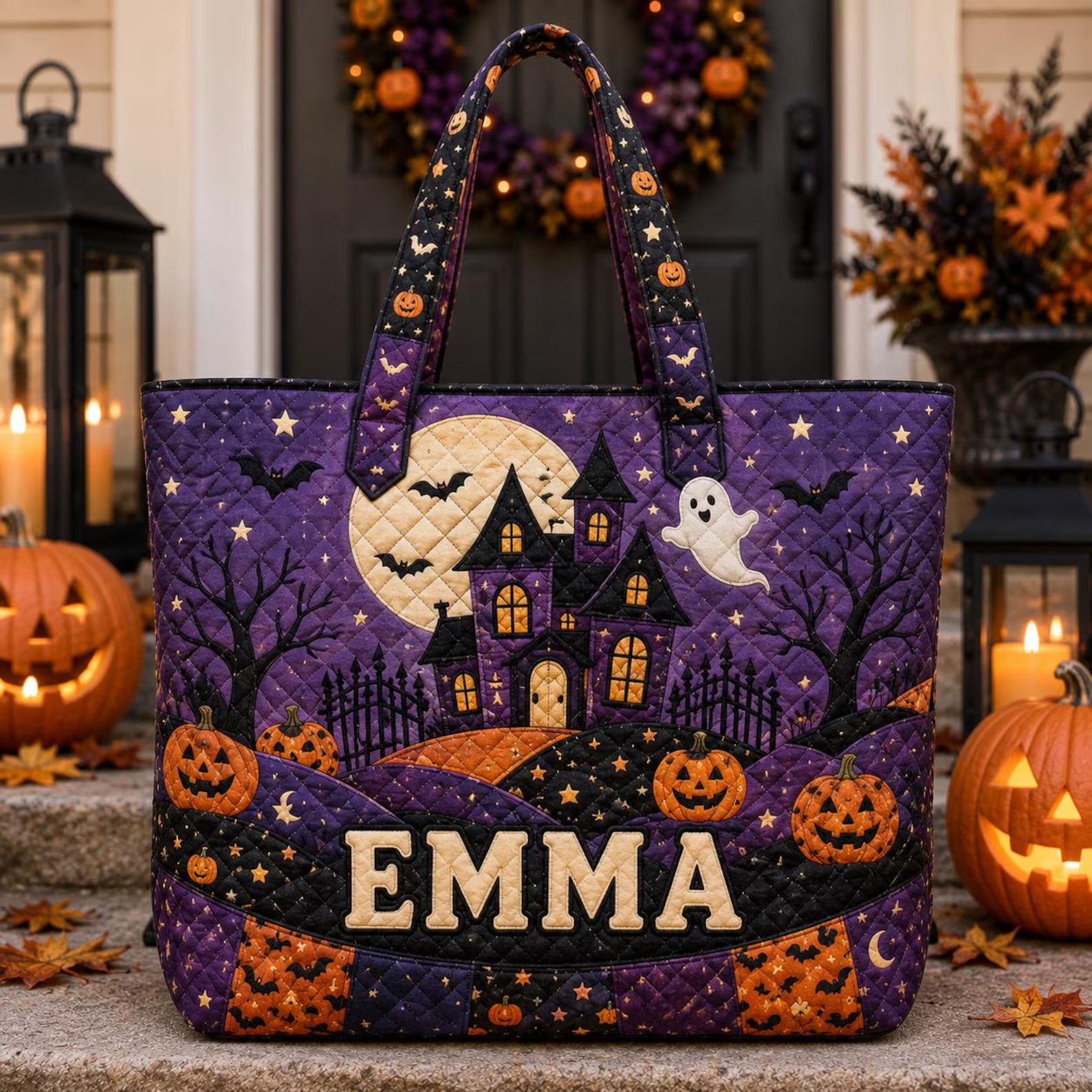 Personalized Halloween Quilt Printed Tote Bag Custom Name Spooky Pumpkin Tote Halloween Gift for Women Bag