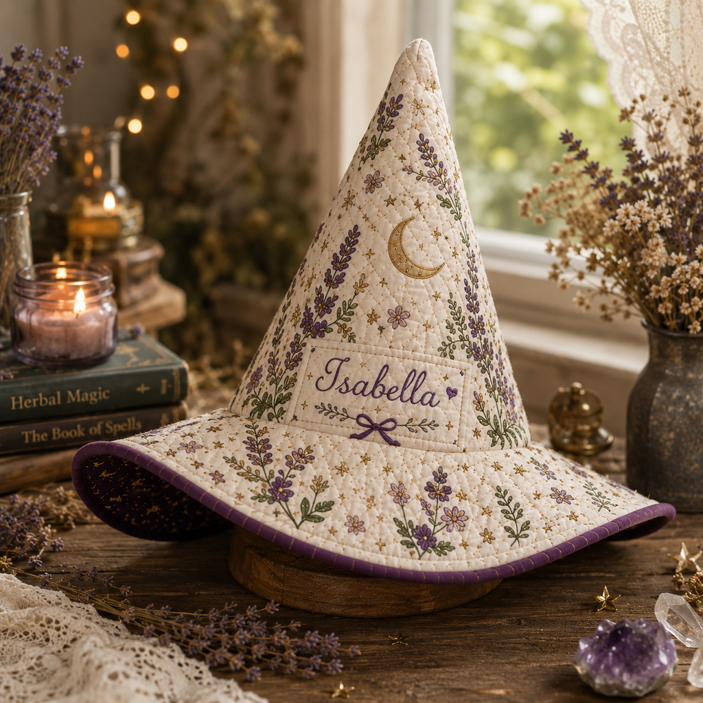Personalized Quilted Witch Hat for Women Custom Name Lavender Floral Cottagecore Halloween Witch Hat
