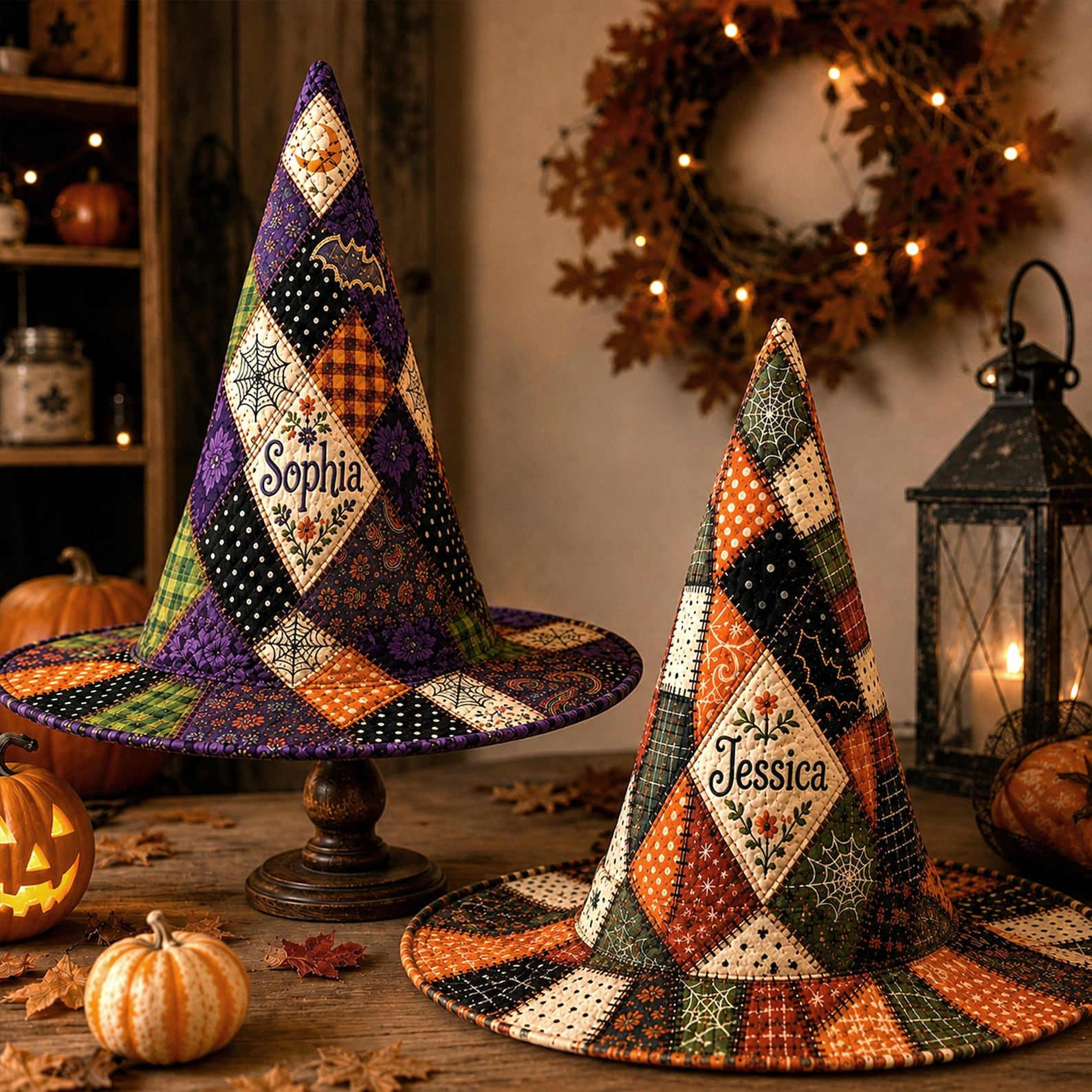 Personalized Witch Hat, Quilted Patchwork Halloween Decoration Spiderweb Bat Floral Fall Decor Custom Name Vintage Halloween Gift
