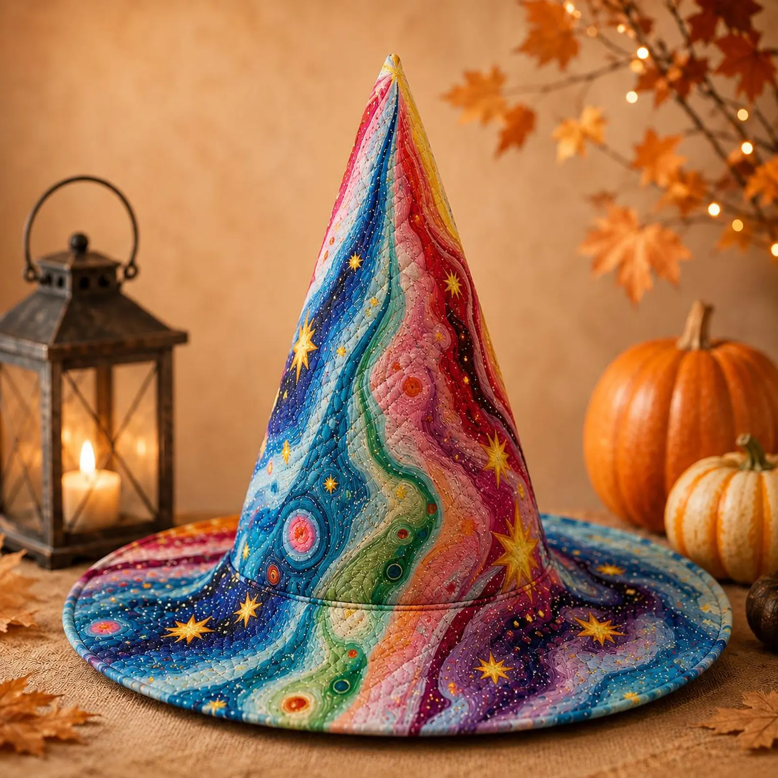 Rainbow Galaxy Quilted Witch Hat Celestial Starry Halloween Costom Hat Colorful Witchy Party Accessory Spooky Season Gift